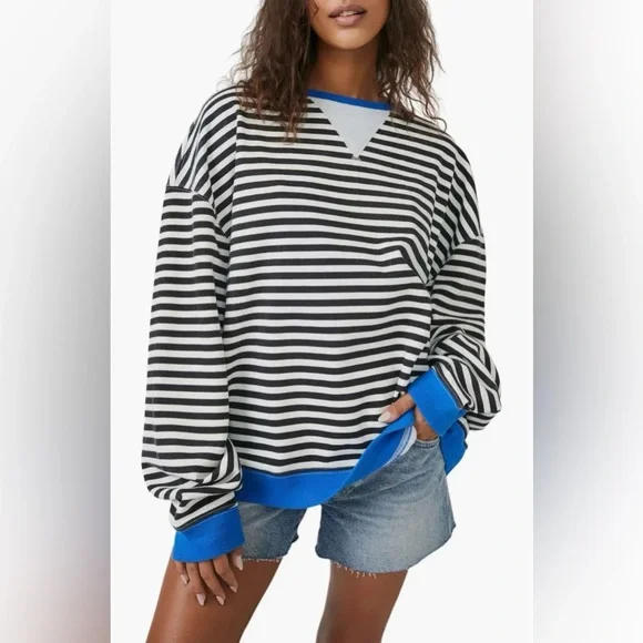 Free People -We the Free Oversized Striped Black & White Crewneck Sweatshirt - Picture 1 of 10